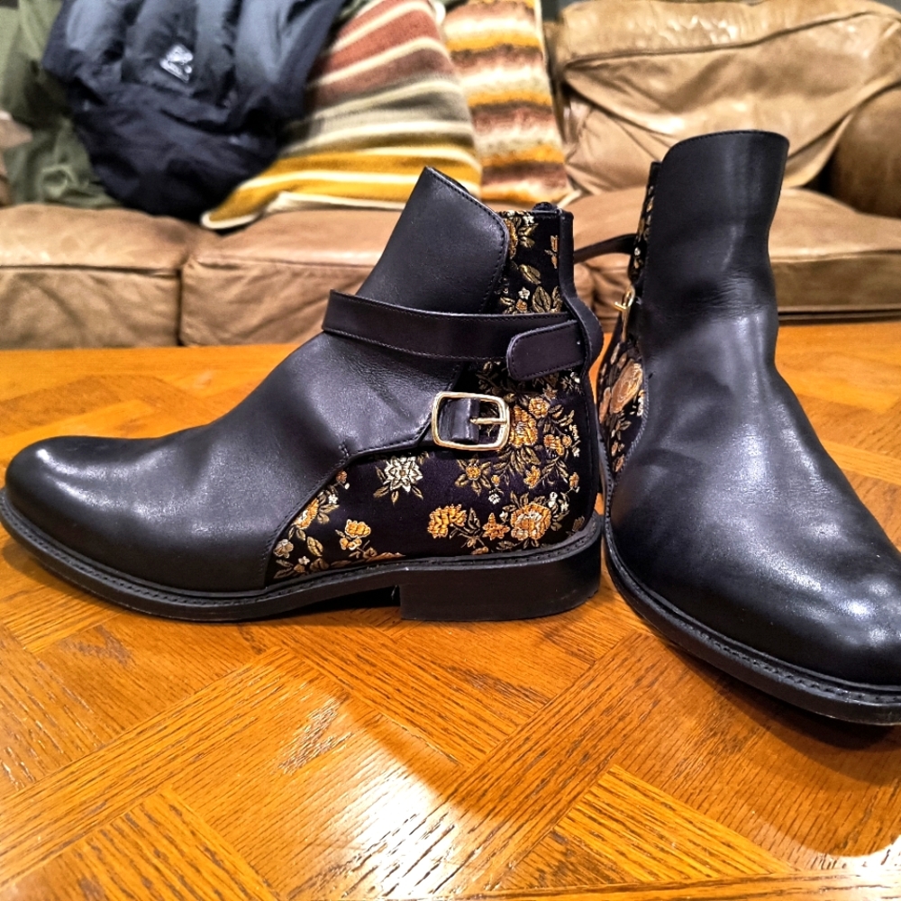 Taft Leather Black and Gold Ankle Boots